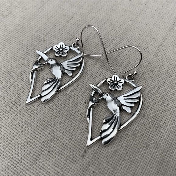 Bohemian Flower Bird Dangle Hook Silver Earrings - Picture 5 of 5